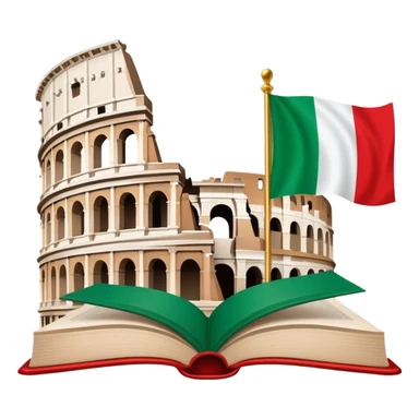 An icon featuring the Colosseum and the flag of Italy, symbolizing the Italian language. The design includes an open book with Italian phrases and a gondola, representing language learning and cultural exploration. Transparent background sticker
