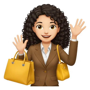 medium deep tan brown business woman with long black curly hair, waving hand with happy face with smile mouth and carrying bag on her shoulder and the other hand holding yellow stanley tumblr sticker