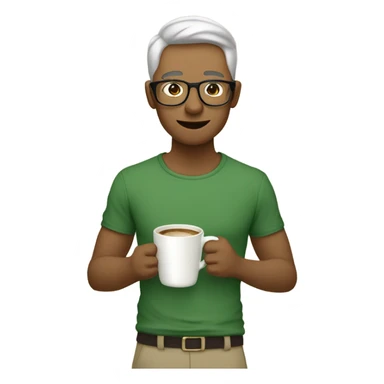 Una persona tomando una taza de café con una cara seria,camisa verde,pantalón beige,y lentes,piel clara. sticker
