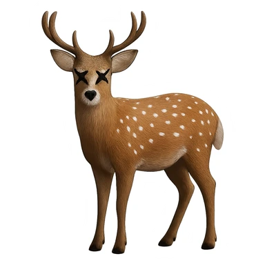 Overlay cartoon X's on the eyes in the exact same style and position as the deer image, referencing the deer for the X style. Keep everything else 100% identical—pose, style, lighting, and details. Make the background transparent. sticker