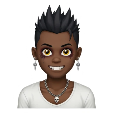 zombie boy with spiky emo black hair and white shirt , tattos, a risk on the eyebrow, earings,  a necklace emoji, with grills in his mouth and he’s smiling, change skin color to darkskin sticker