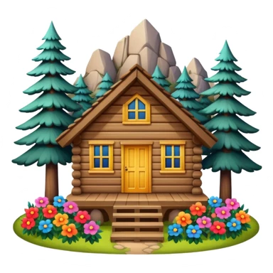 cabin in the woods, surrounded by pines, with flowers around sticker