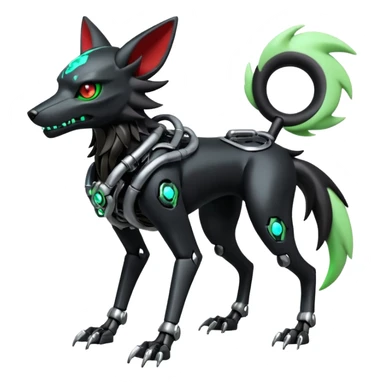 Hyper realistic skeletal black and neon green futuristic shiny colorful mechanical bioluminescent cyber-Cyborg-Poochyena-Lycanroc-Zorua-Litten-Houndoom-Fakémon-Pokémon-Digimon-hybrid-fusion (full body) with a skull face sticker