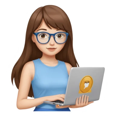 Una chica de color de piel blanca con cabello súper largo con flequillo color marrón y gafas con estilo de periodista súper top, también agrega una lapso en sus manos, también que su vestimenta sea un crop top color azul Celeste  sticker