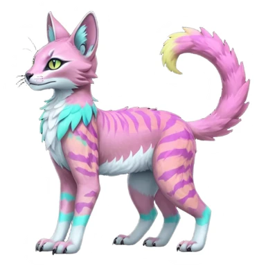 Realistic Colorful pale light fruity pastel white glorious iridescent exotic albino neon vibrant zigzagged fantasy-caracal-civet-genet-sergal-vernid-Gryphon-Cacomistle-Trico-oncilla-animal-Fakémon-hybrid-fursona (full body), facial markings, (realism style) sticker