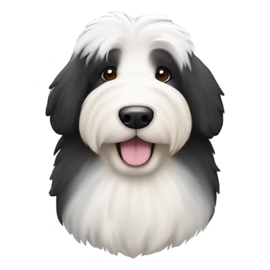 Old English sheepdog with a half and half face like a black (right side) and white (left side) cookie sticker