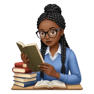A dark-skinned Black woman with black box braids, wearing glasses, reading a textbook with a stack of books beside her. sticker
