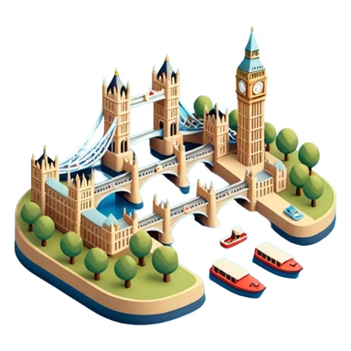 Isometric illustration of London with Tower Bridge over a small river section, toy-style boats, Big Ben peeking in background, vibrant yet muted colors, in miniature diorama style. sticker