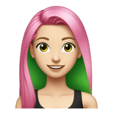 a girl with green eyes and long hot pink hair wearing a black tank top, pale skin, grin, slicked back hairstyle sticker