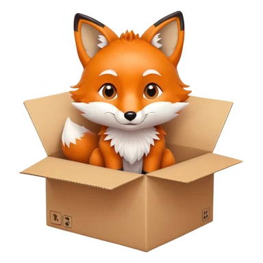 Cute fox sitting in a cardboard box with playful expression, kids toy aesthetic sticker