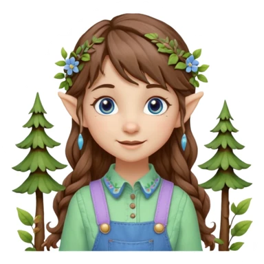 Kind happy whimsical quirky Girl toymaker, wood carving elf. Woodland nature creator. Blue eyes. brown hair (just below chin length) wavy hair & bangs. Whimsical playful cute. Overalls with nature embroidered cute shirt collar. Light green, light purple and light blue colour aesthetic  sticker