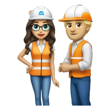 (madison beer as barista) standing next to (handsome blonde man, no beard but with mustache, blue/green eyes, glasses, wearing white hard hat that says ”gmc” in orange letters, orange safety vest, blue shirt on) sticker