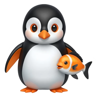 A cute penguin doll holding an orange fish doll in its hands.
A house of ice behind it. sticker
