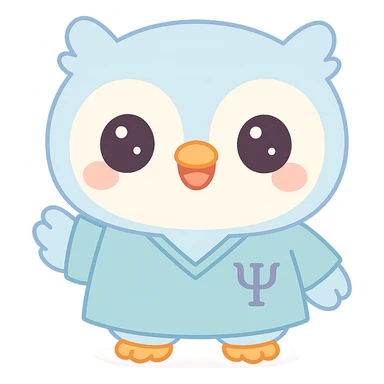 Make the baby owl wearing a bluish psychology scrub look more commercial and attractive to attract clients: add a big smile, bright and expressive eyes, friendly posture, and welcoming gesture, in a kawaii style, transparent background. sticker