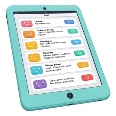 Create an emoji representing fanfiction writing. The design should feature a digital device tablet with visible text, symbolizing the creative process of writing fanfiction. Add a subtle reference to popular fictional characters or universes to indicate the fan aspect. Use a playful, imaginative color palette, blending vibrant tones with soft neutrals. Do not include any emojis or smiley faces. Make the background transparent. sticker