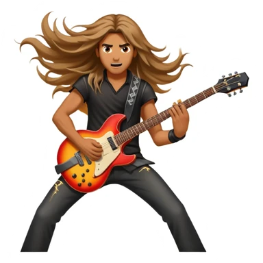 An icon showing a rock musician wielding a guitar in an epic battle, inspired by Brutal Legend. The design features fiery backgrounds, musical notes floating in the air, and electrifying stage lights, capturing the power of music and combat. Transparent background highlights the energy. sticker
