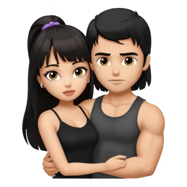 generate a pretty bratz girl in black cami top, dark brown straight long hair with bangs, eyeliner on, 

hugging a handsome muscular boy with black hair and a grey tshirt sticker