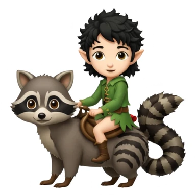 tiny forest elf with curly black hair riding raccoon sticker