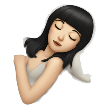 Woman pale skin black hair with bangs sleeping in bed with pillow, white woman sticker