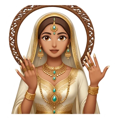 An Arab woman takes a mirror selfie, showcasing her beautifully adorned hands with intricate henna designs and long, elegant nails. She wears multiple gold rings that complement her shimmering golden traditional outfit. sticker