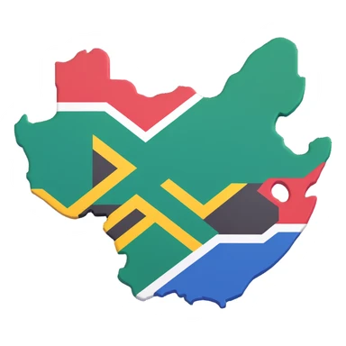 Create a 3D style image of the map outline of South Africa with the South African flag applied on it. Ensure the black color of the flag is vivid and clearly visible, maintaining the flag's distinct colors and shapes on the map contour. sticker