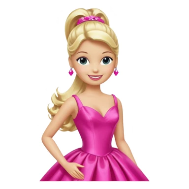 En klassisk blond modedukke med høj hestehale, iført en glamourøs hot pink aftenkjole, skinnende plastik-tekstur, smilende, ikonisk legetøjs-æstetik. sticker