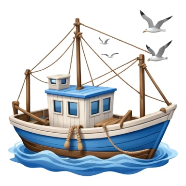 Design a small fishing boat with nets & seagulls around it. sticker