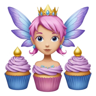 beige fairy cupcakes with yellow frosted icing on top and a enchantress fairy with tanned skin and pink hair and lilac wings and blue eyes wearing a dusky pink embellished gown decoration sticker