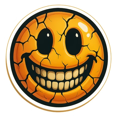 Create a creepy emoji with a wide smile, cracks, and a face similar to the reference image. Use retro stickers style with sharp black outlines, distinct shadows and highlights, no gradients, only clear color transitions, and a highly vectorized drawing style suitable for easy SVG conversion. sticker