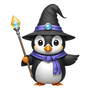A cute penguin wearing a wizard hat and robe, holding a magic wand sticker
