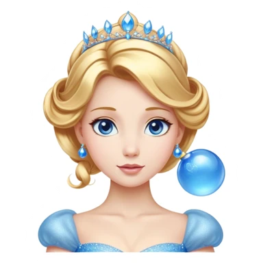Cinematic Stunning Cinderella Portrait Emoji, Radiant in her sparkling blue ball gown, golden hair in a perfect updo, soft blue eyes full of wonder, glistening tiara, glowing with an ethereal beauty, regal yet kind, a dreamlike aura surrounds her, capturing the essence of a fairy tale princess, elegant and breathtaking! sticker