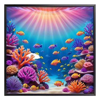 Cinematic Realistic Coral Reef Emoji in a wooden frame, Vibrant and alive, with colorful corals in hues of pink, purple, and orange, swaying gently with the underwater currents. Schools of tropical fish dart between the coral, with soft rays of sunlight piercing through the clear blue water above, creating a magical, serene underwater world. Soft glowing outline, capturing the essence of the bustling, colorful, and peaceful aquatic paradise. sticker