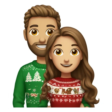 White couple, girl with long brown hair and boy with brown hair and beard, christmas sweaters, celebrate sticker