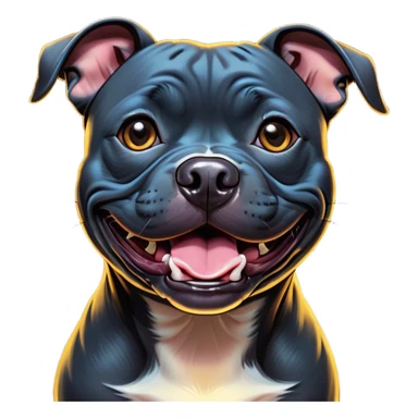 Cinematic Comical Black/Brindle Staffordshire Bull Terrier Portrait Emoji, Head tilted dramatically with an exaggeratedly amused expression, featuring a striking Fur with bold black and brindle patterns, wide, expressive dark eyes filled with playful disbelief, Simplified yet hilariously expressive features, highly detailed, glowing with a slightly sassy glow, high shine, dramatic yet playful, stylized with an air of cheeky mischief, bright and endearing, soft glowing outline, capturing the essence of a spirited and over-the-top guardian, so meme-worthy it feels like it could side-eye its way into internet fame instantly! sticker