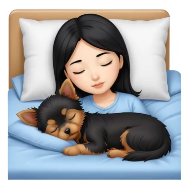 pretty asian girl with black hair sleeping in bed with small yorkshire terrier sticker