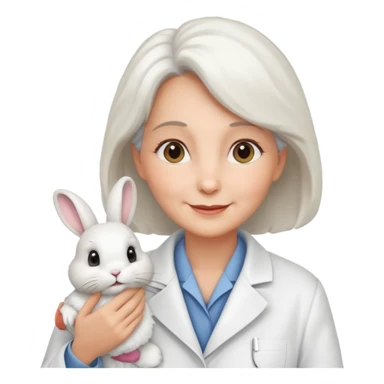 Older female vet – gentle smile, coat, checking rabbit  sticker