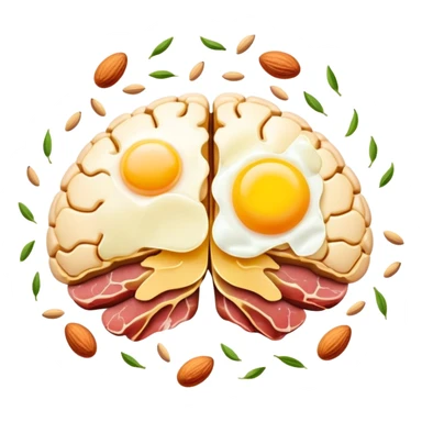 Glowing brain near a shimmering liver, with choline-rich foods floating around them: eggs with bright yellow yolks, clusters of almonds, cuts of lean meat, and dairy products. Golden connections flow between the foods and organs, showing the pathway of this essential nutrient. sticker