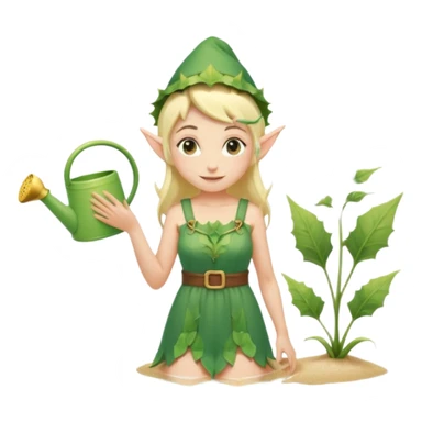 elf female tending to glowing beach plants, floral sundress, watering can or magic light, pointy ears, gentle smile, centered emoji, pastel magic sticker