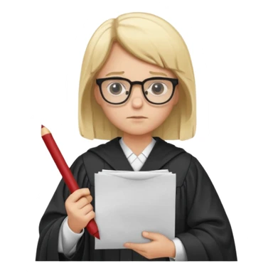 Young judge, blonde hair with glasses and robe, hold a paper sticker