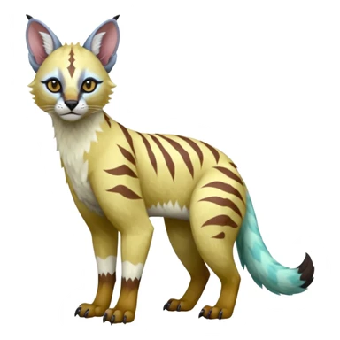 Realistic Colorful tropical tribal pale light fruity pastel exotic albino neon vibrant zigzagged fantasy-caracal-civet-genet-sergal-vernid-Gryphon-Cacomistle-Trico-oncilla-animal-Fakémon-hybrid-fursona (full body), facial markings, (realism style) sticker