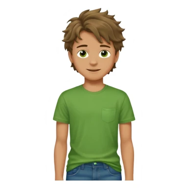 A 14 yerar old teenage boy, tanned, wearing a green t-shirt , blue jeans and green sneakers with brown wavy tousled hair, smirking sticker