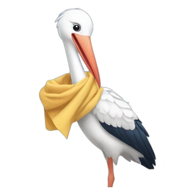 White stork carrying a blue bundle of cloth in its big beak that has a cute human person cute baby boy inside and his head is peeking from the fabric the strok is carrying in its beak sticker