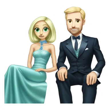 light green skin alien blonde woman in long slim pastel blue formal party satin dress with gradient shiny sparkling navy blue diamonds embroidered , and caucasian man in black dress, sitting on a white couch  sticker