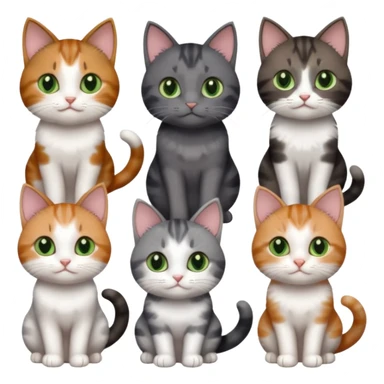 6 different coloured small cats including a dark grey and white, and a patchy calico, and a brown tabby and white,  and a completely solid dark grey with green eyes and only white paws sticker