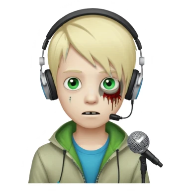 boy zombie whit blonde emo hair and eyes blue and green skin and heandphones and a microfone sticker