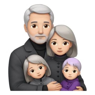 A father with silver-grey hair styled neatly and a clean-shaven face, wearing a dark turtleneck and wool coat, holding his girl child gently. The child has light brown hair and a soft white dress. Warm cinematic lighting, emotional close-up. sticker