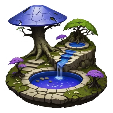 Crashed Alien saucer pool-castle jungle winding footpath mountainside getaway haunted nighttime landscape antique mudman very old broken cracked intricate Stone Age lapis-crusted irregular dodecagon-shaped shallow dark moss rough bark violet flowered maple tree bonsai sticker