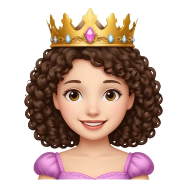 A brunette curly hair girl with a princess crown smiling gently. sticker