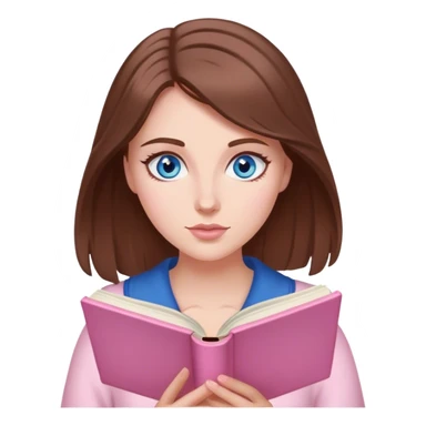 woman with brown hair and blue eyes reading a light pink romance book sticker