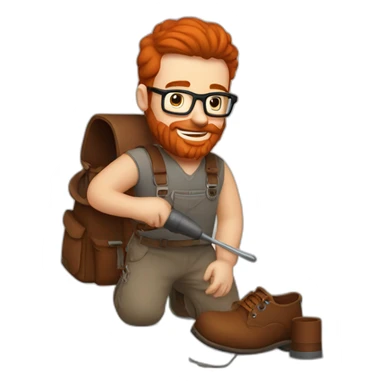 Red smooth haired man with beard and glasses hand sewing a saddle bag with a hammer sticker